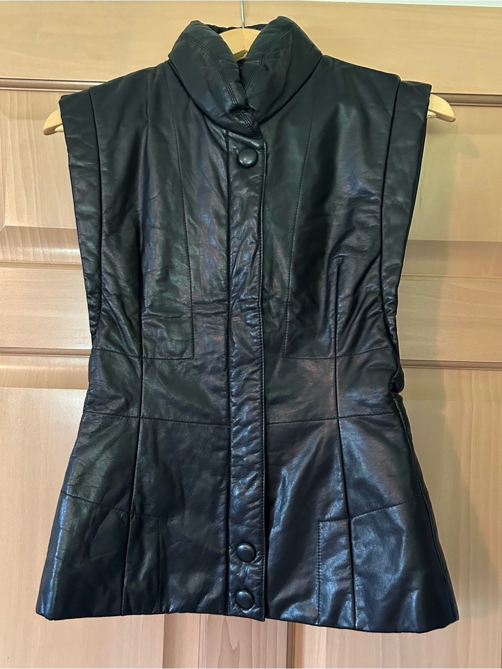 Vintage 1993 Chatelaine Black Cowhide Leather Vest High Neck Avant Garde S